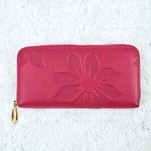 Red Floral Embossed Faux Leather Zip Around Wallet